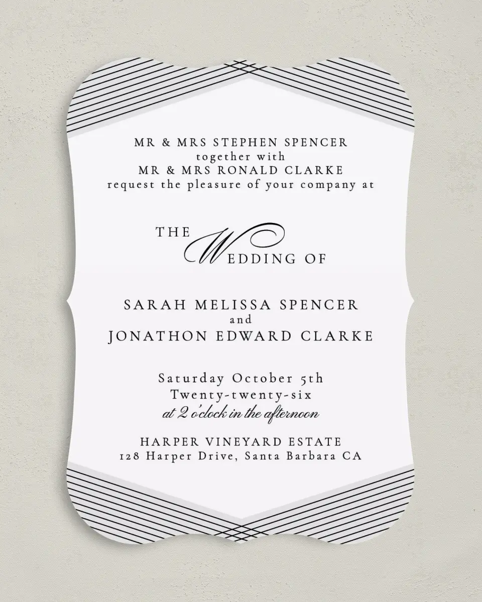 This is a 5" x 7" Bracket Wedding Invitation called Dearest Lines printed in full color on Premium Smooth paper
