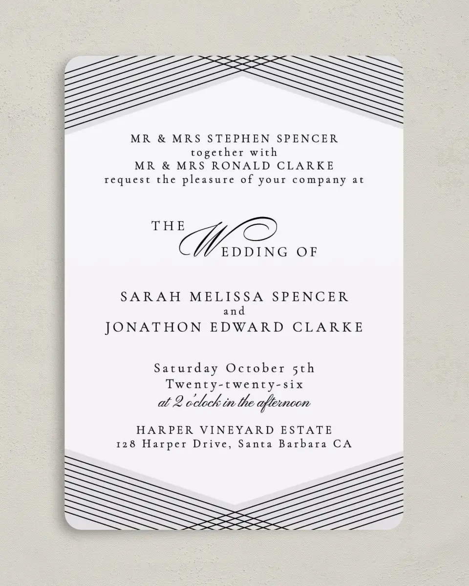 This is a 5" x 7" Rounded Wedding Invitation called Dearest Lines printed in full color on Premium Smooth paper
