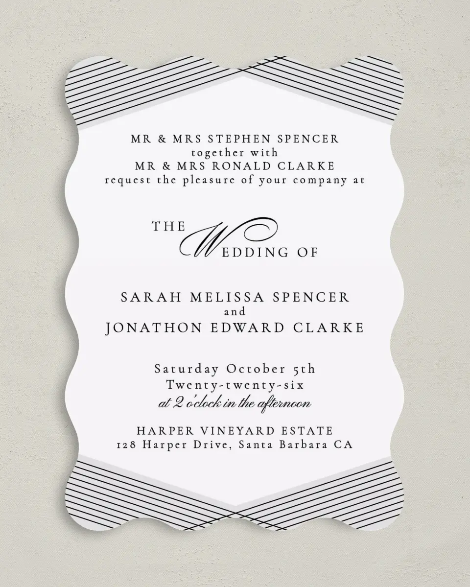 This is a 5" x 7" Wavy Wedding Invitation called Dearest Lines printed in full color on Premium Smooth paper