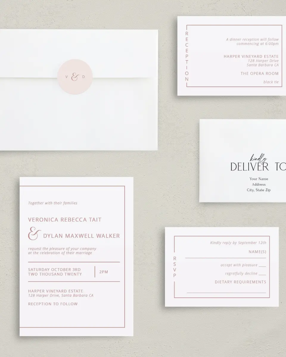 This is a 5" x 7" Classic Wedding Invitation called Neat Arrangement printed in full color with Gold foil on Luxe Satin (coated) paper