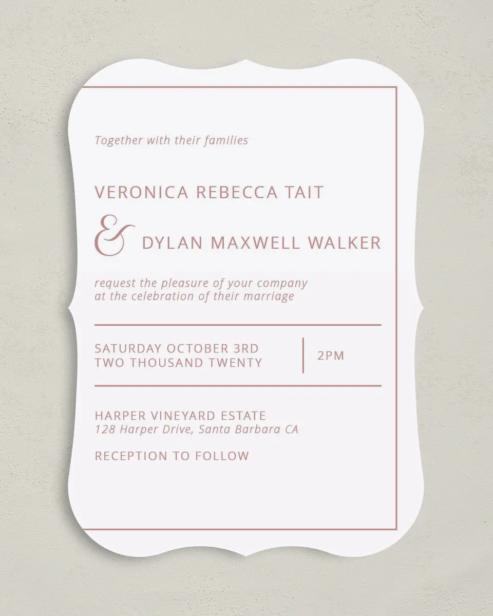 This is a 5" x 7" Bracket Wedding Invitation called Neat Arrangement printed in full color on Premium Smooth paper