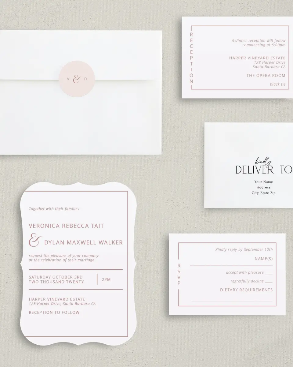 This is a 5" x 7" Bracket Wedding Invitation called Neat Arrangement printed in full color with Silver foil on Luxe Satin (coated) paper