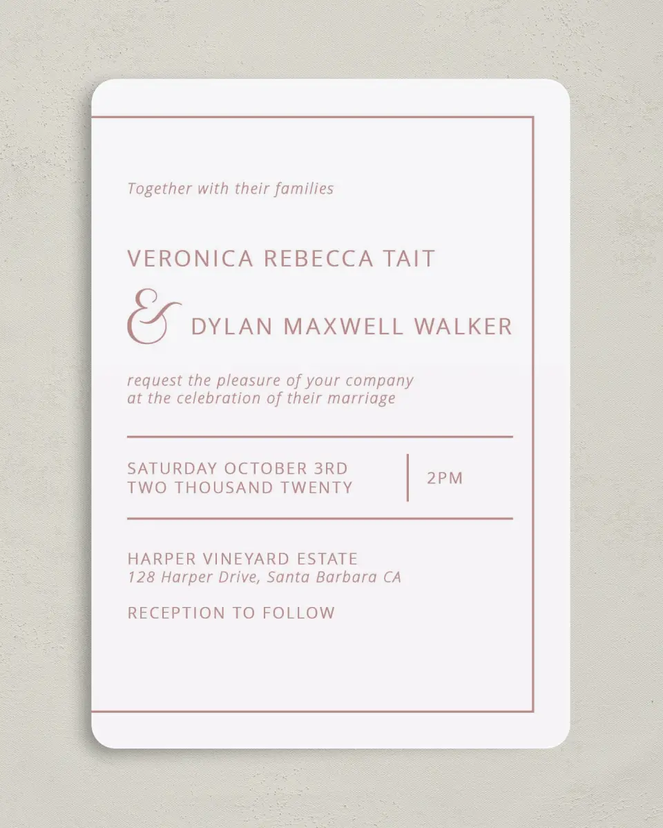 This is a 5" x 7" Rounded Wedding Invitation called Neat Arrangement printed in full color on Premium Smooth paper
