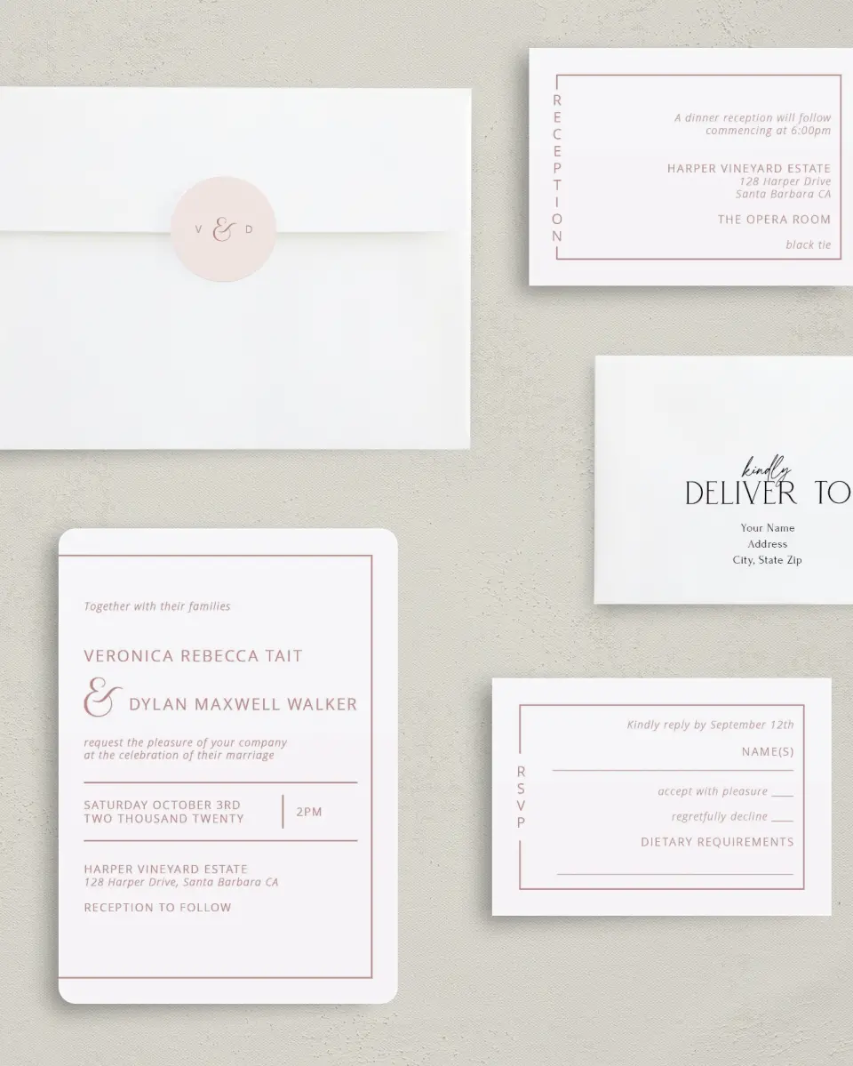 This is a 5" x 7" Rounded Wedding Invitation called Neat Arrangement printed in full color with Rose Gold foil on Luxe Satin (coated) paper