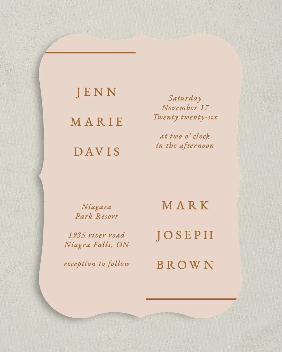 This is a 5" x 7" Bracket Wedding Invitation called Adorable Duo printed in full color on Premium Smooth paper