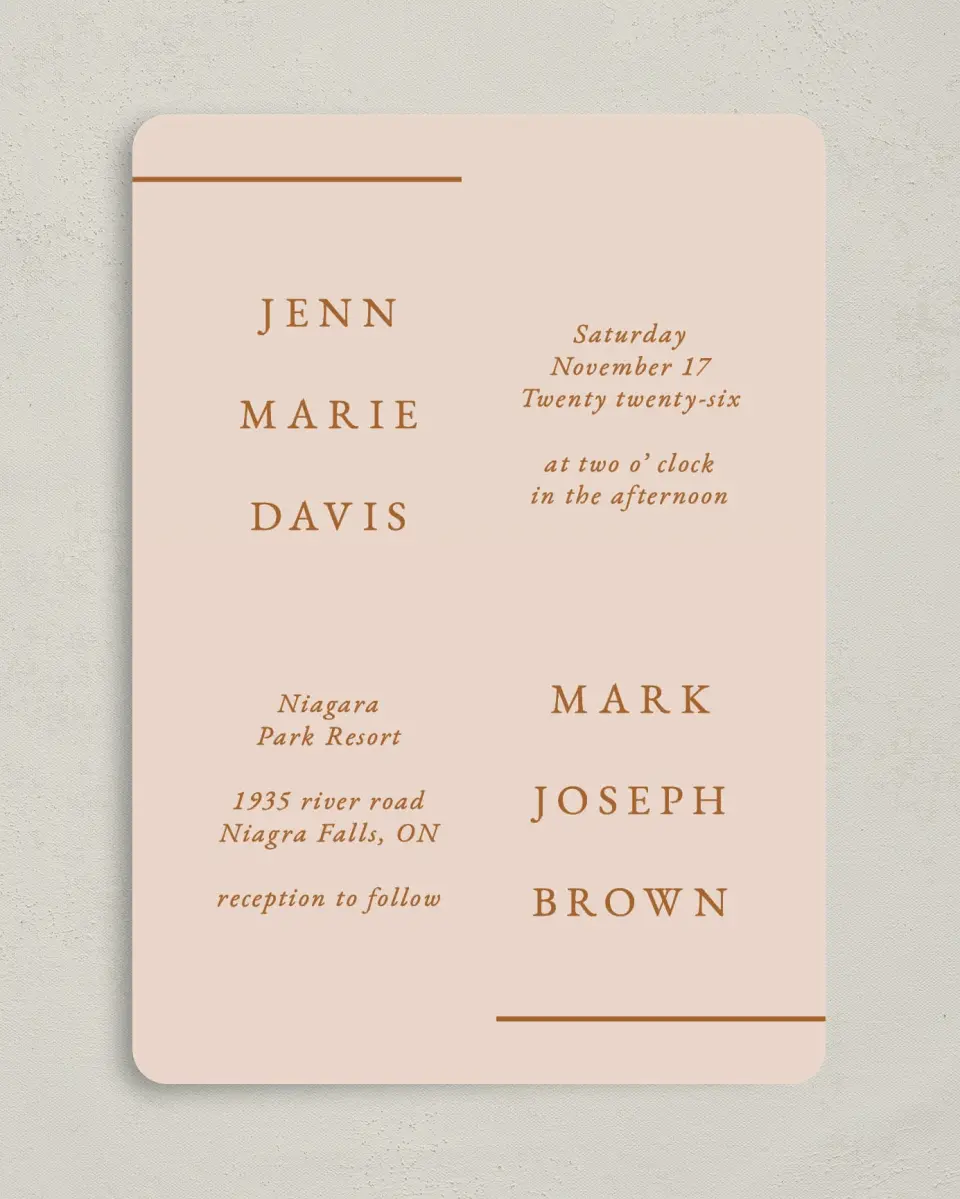 This is a 5" x 7" Rounded Wedding Invitation called Mod Frame printed in full color on Premium Smooth paper