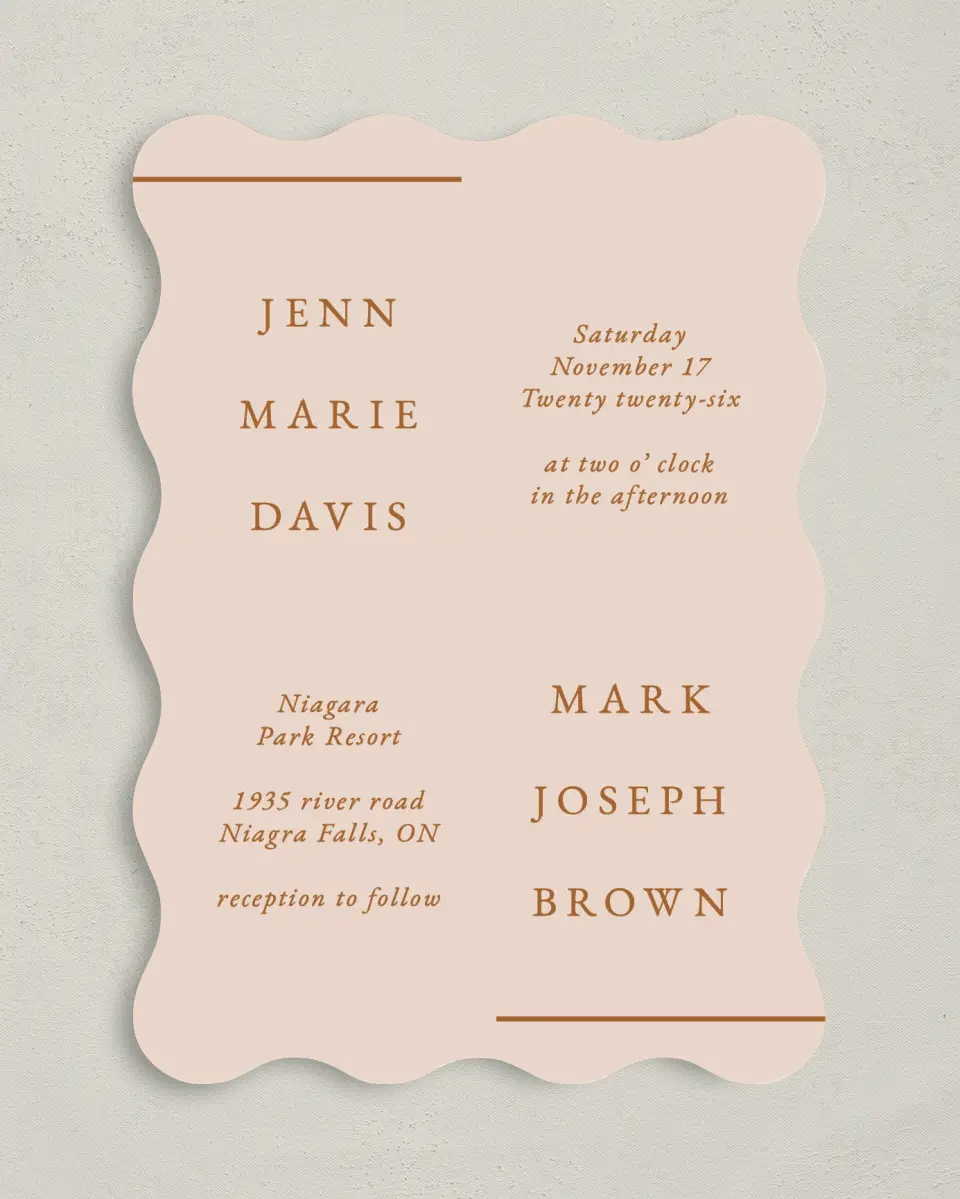 This is a 5" x 7" Wavy Wedding Invitation called Adorable Duo printed in full color on Premium Smooth paper