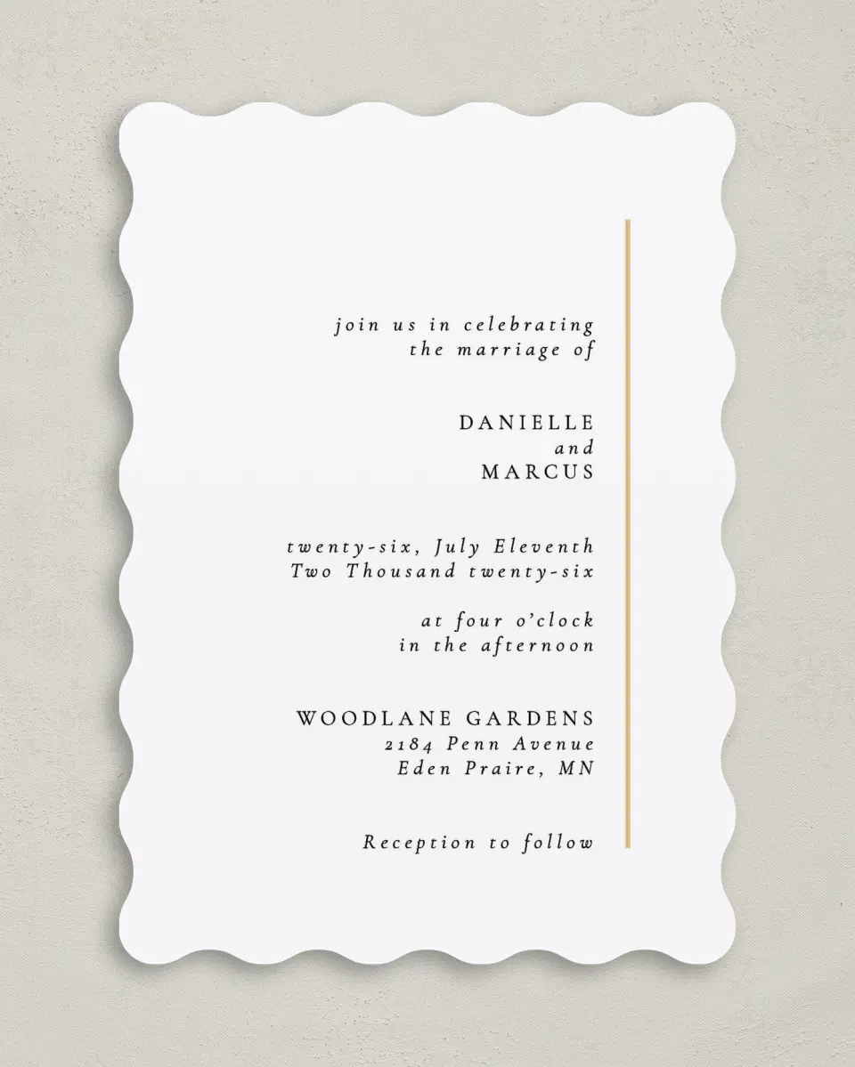 This is a 5" x 7" Wavy Wedding Invitation called Laughing Hearts printed in full color on Premium Smooth paper
