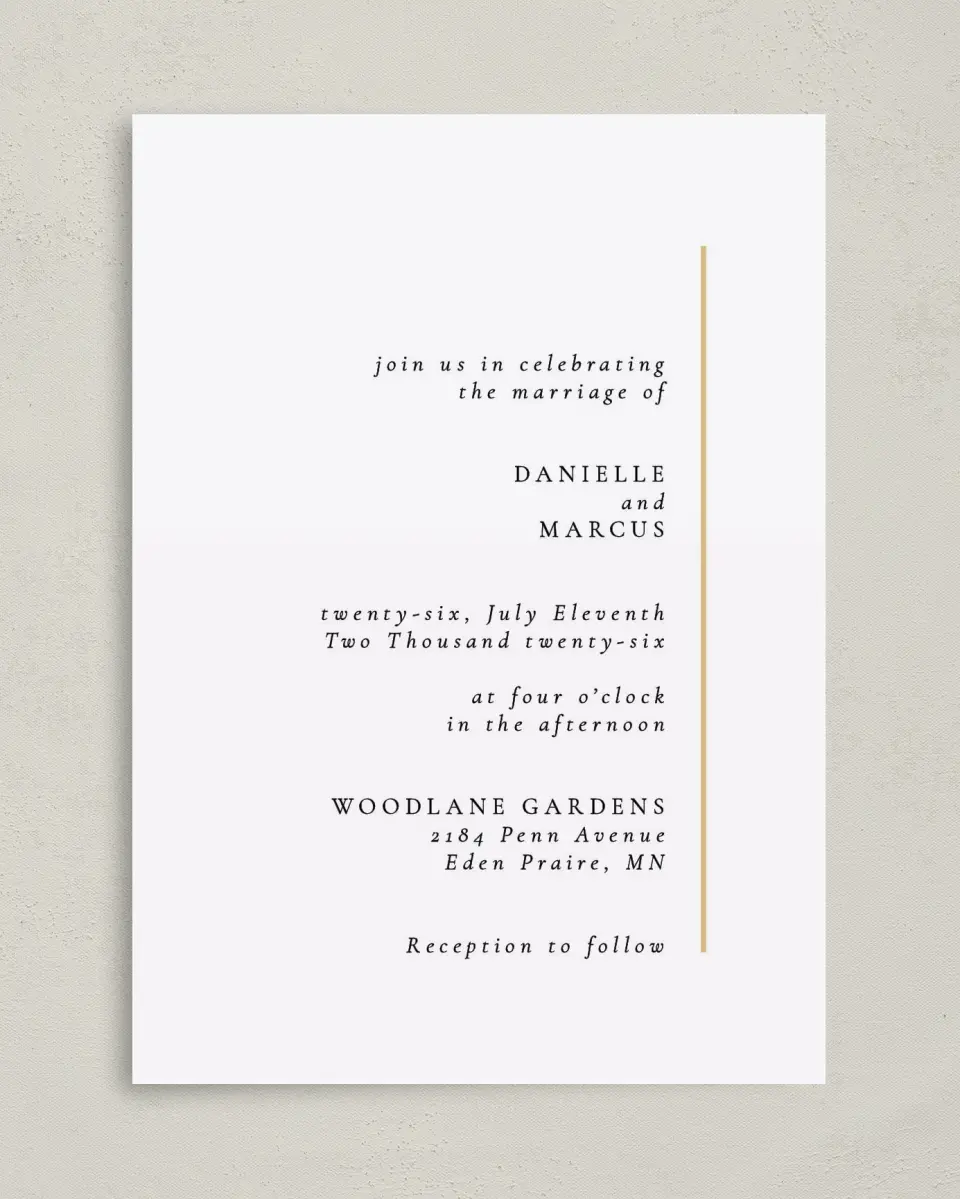 This is a 5" x 7" Classic Wedding Invitation called Laughing Hearts printed in full color with Rose Gold foil on Luxe Satin (coated) paper