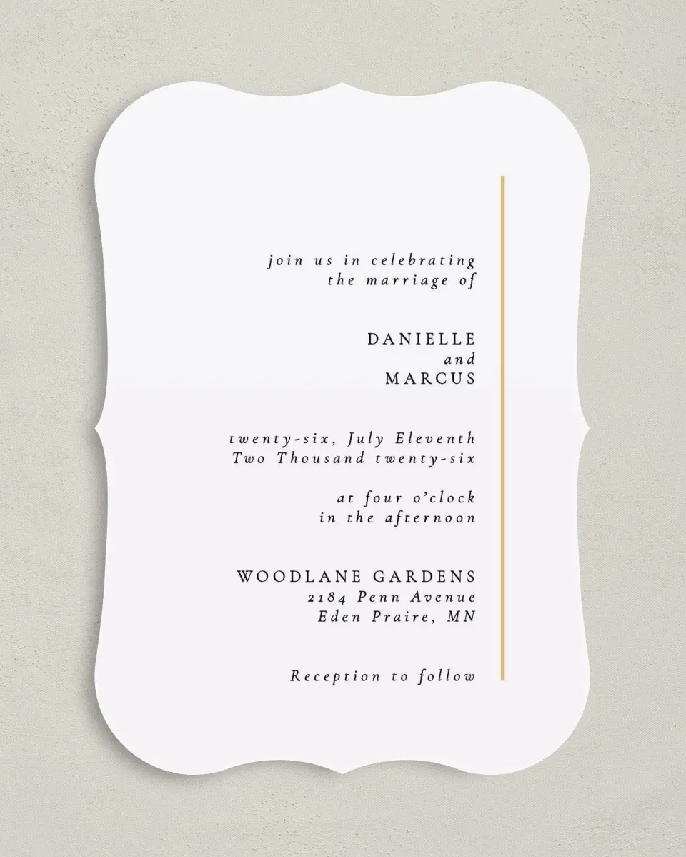 This is a 5" x 7" Bracket Wedding Invitation called Laughing Hearts printed in full color with Silver foil on Luxe Satin (coated) paper