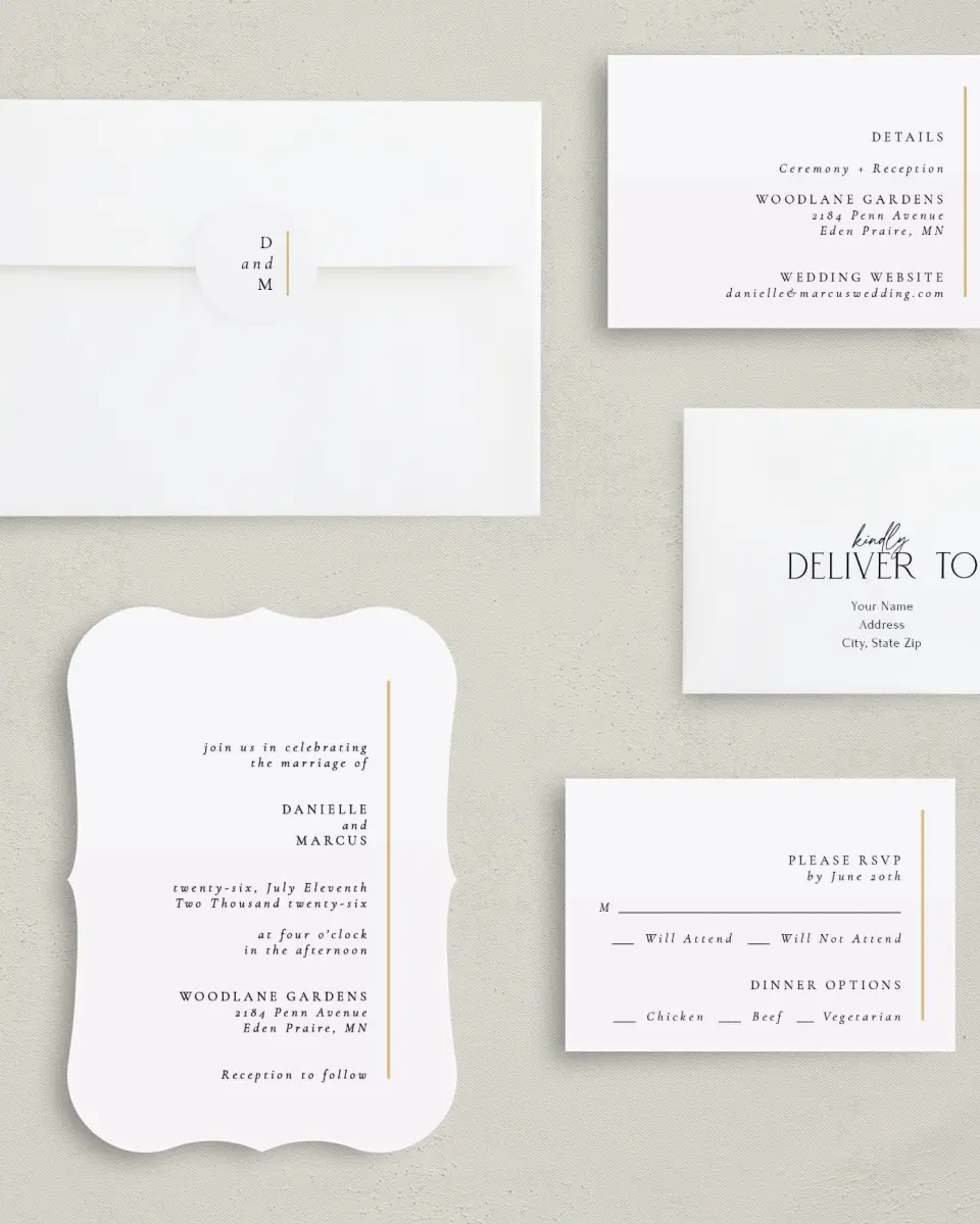 This is a 5" x 7" Bracket Wedding Invitation called Laughing Hearts printed in full color with Silver foil on Luxe Satin (coated) paper