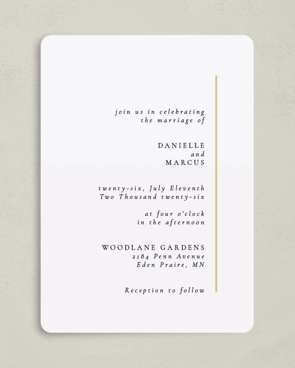 This is a 5" x 7" Rounded Wedding Invitation called Laughing Hearts printed in full color on Premium Smooth paper