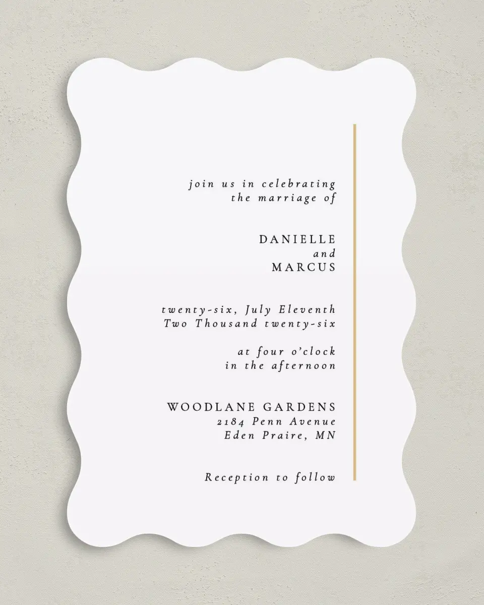 This is a 5" x 7" Wavy Wedding Invitation called Laughing Hearts printed in full color on Premium Smooth paper
