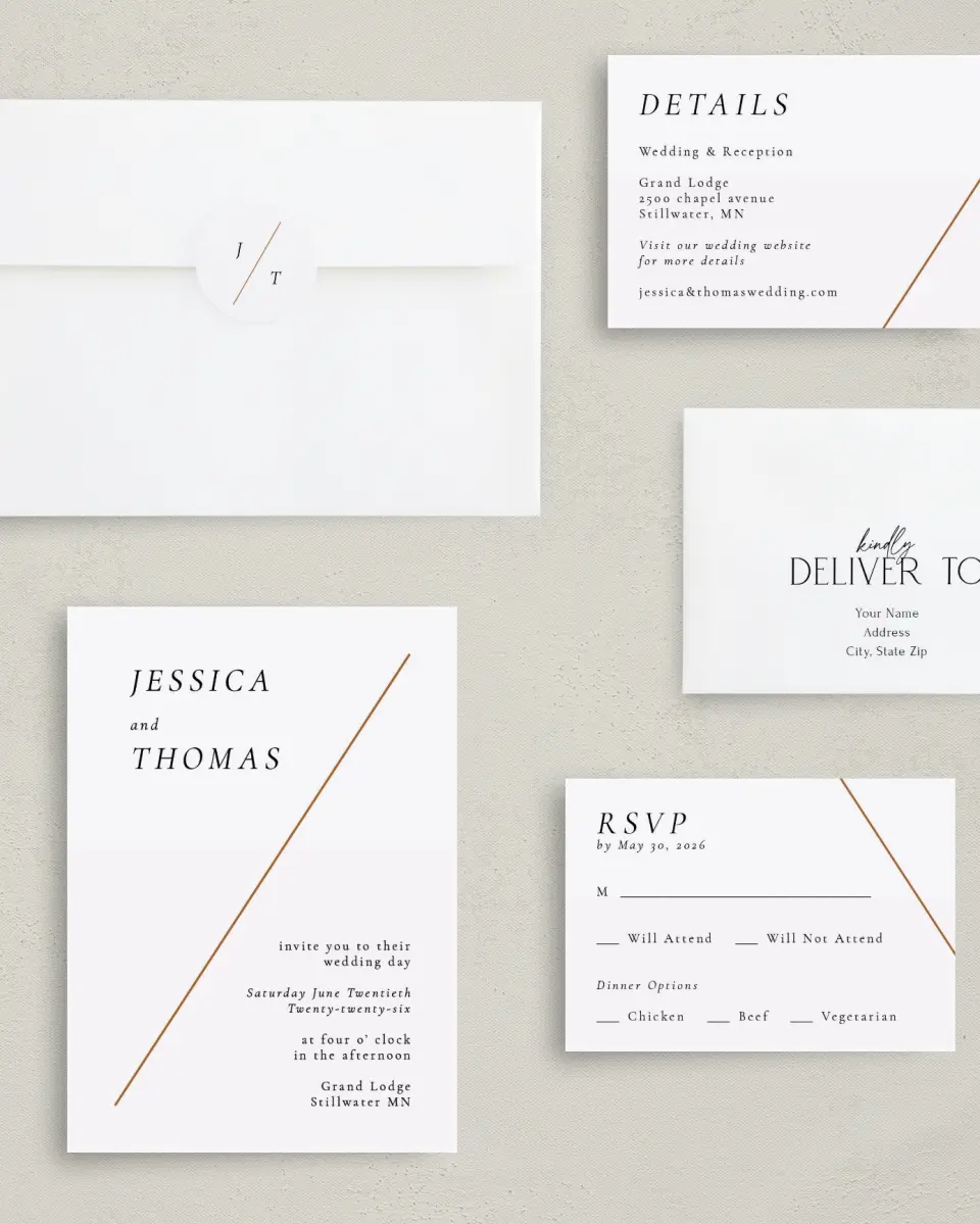 This is a 5" x 7" Classic Wedding Invitation called Sneek Peek printed in full color with Gold foil on Luxe Satin (coated) paper