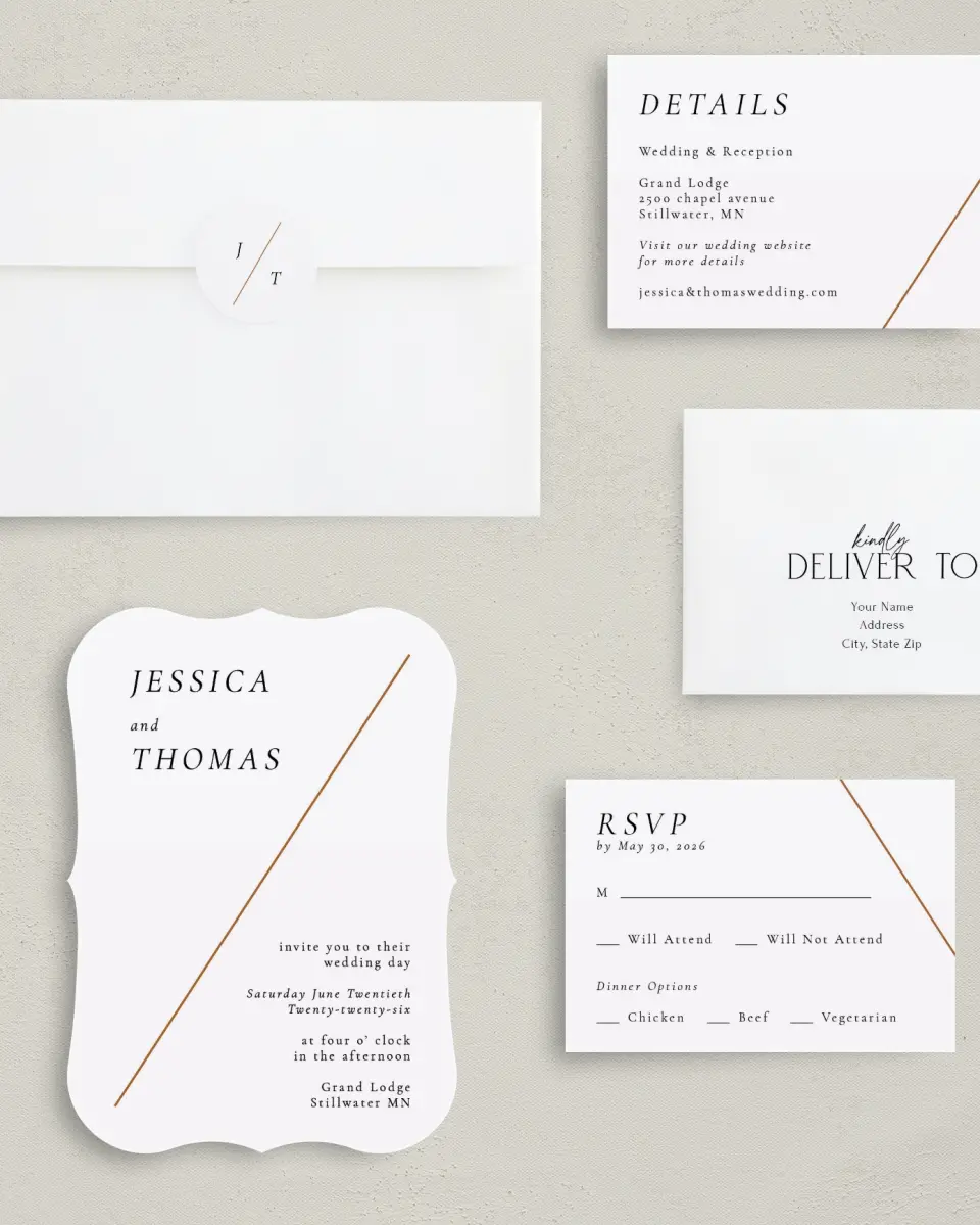 This is a 5" x 7" Bracket Wedding Invitation called Sneek Peek printed in full color with Silver foil on Luxe Satin (coated) paper