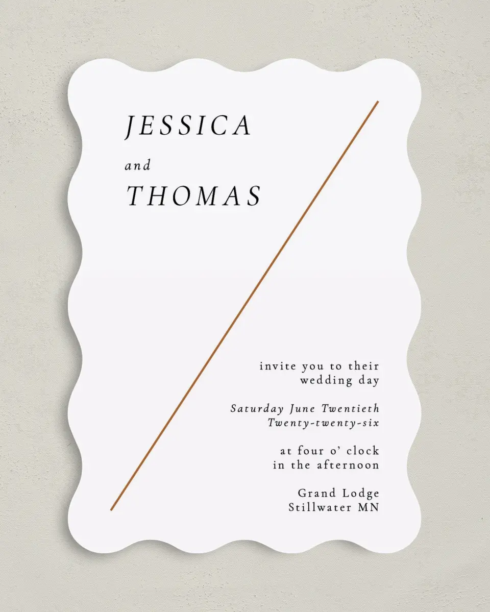 This is a 5" x 7" Wavy Wedding Invitation called Sneek Peek printed in full color on Premium Smooth paper
