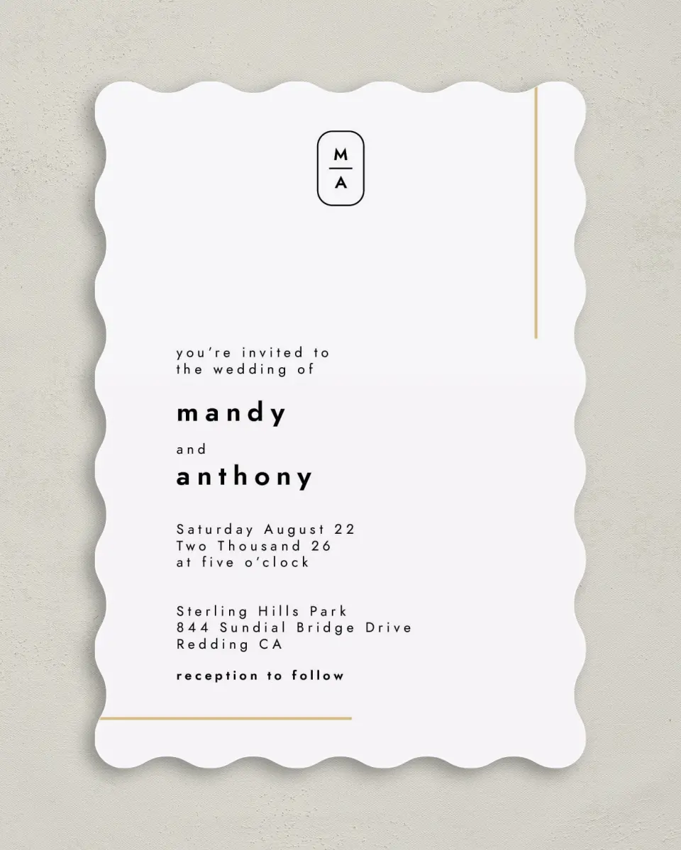 This is a 5" x 7" Wavy Wedding Invitation called The Proposal printed in full color on Premium Smooth paper