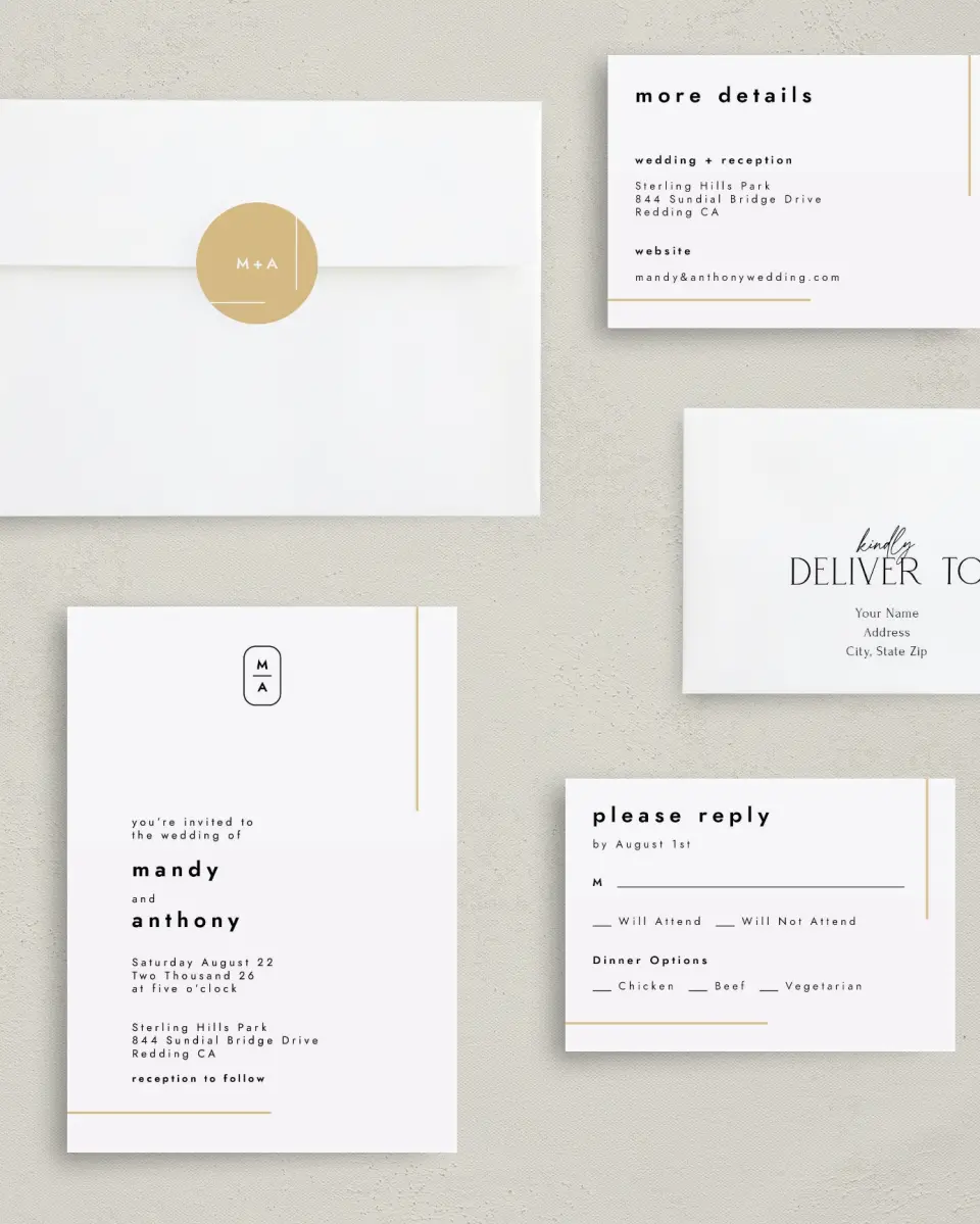 This is a 5" x 7" Classic Wedding Invitation called The Proposal printed in full color with Gold foil on Luxe Satin (coated) paper