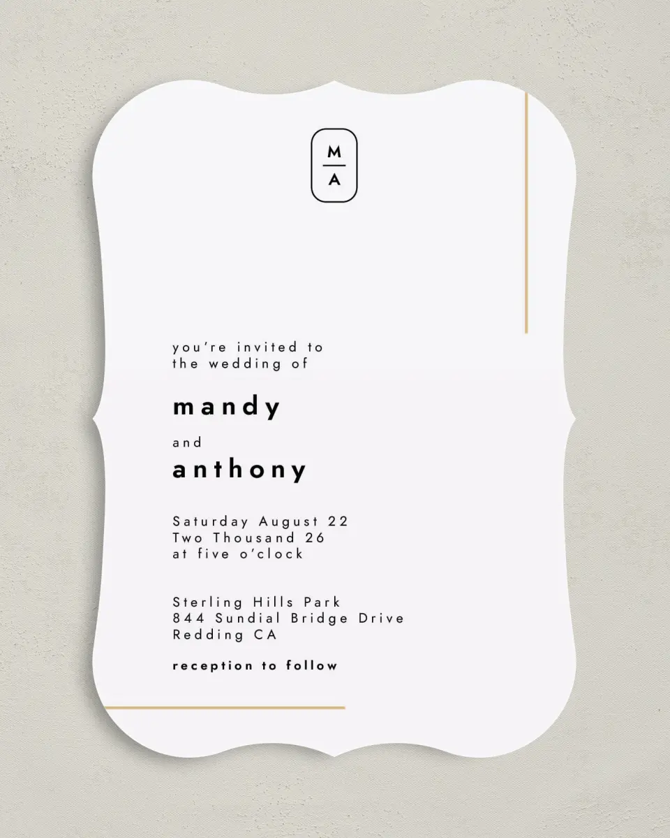 This is a 5" x 7" Bracket Wedding Invitation called The Proposal printed in full color on Premium Smooth paper