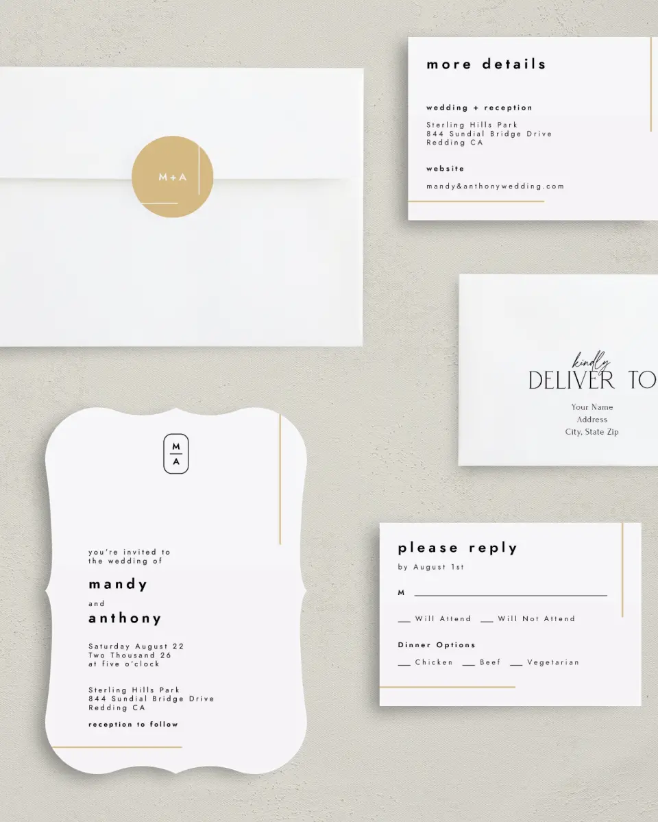 This is a 5" x 7" Bracket Wedding Invitation called The Proposal printed in full color with Silver foil on Luxe Satin (coated) paper