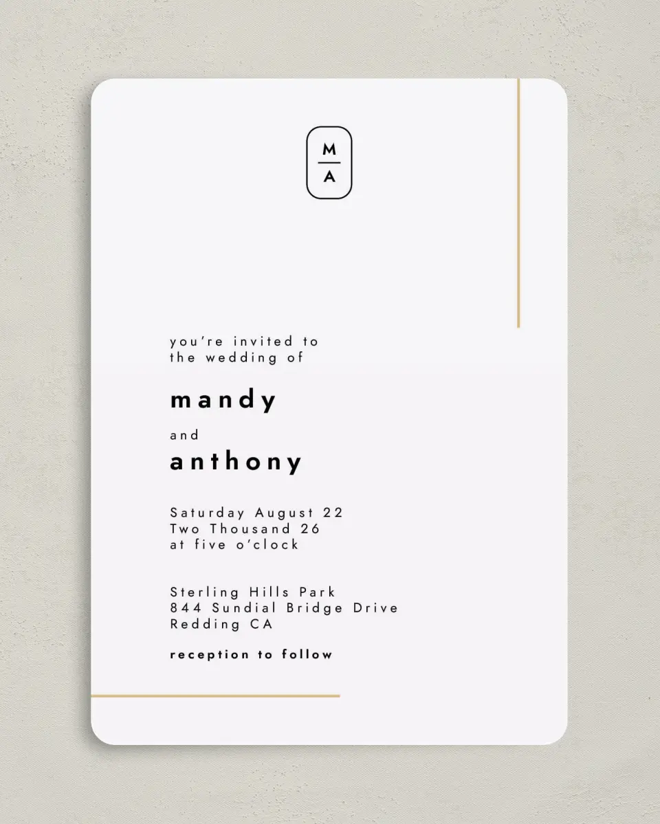 This is a 5" x 7" Rounded Wedding Invitation called The Proposal printed in full color on Premium Smooth paper