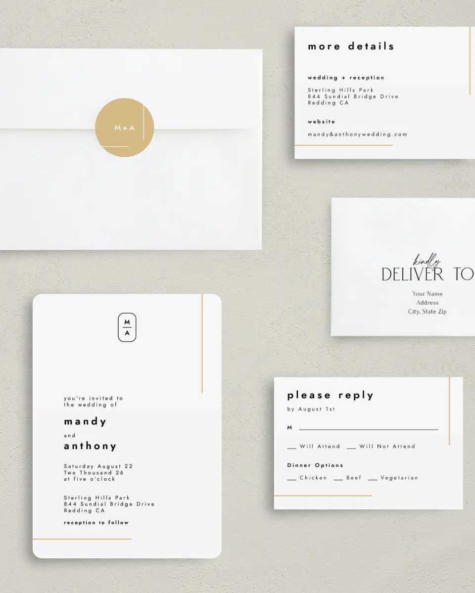This is a 5" x 7" Rounded Wedding Invitation called The Proposal printed in full color with Gold foil on Luxe Satin (coated) paper