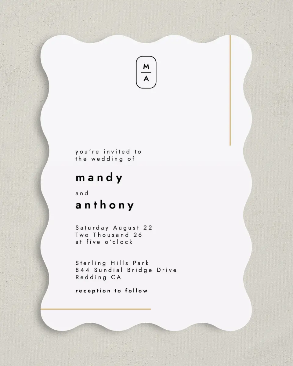 This is a 5" x 7" Wavy Wedding Invitation called The Proposal printed in full color on Premium Smooth paper