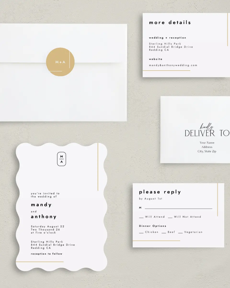 This is a 5" x 7" Wavy Wedding Invitation called The Proposal printed in full color with Rose Gold foil on Luxe Satin (coated) paper