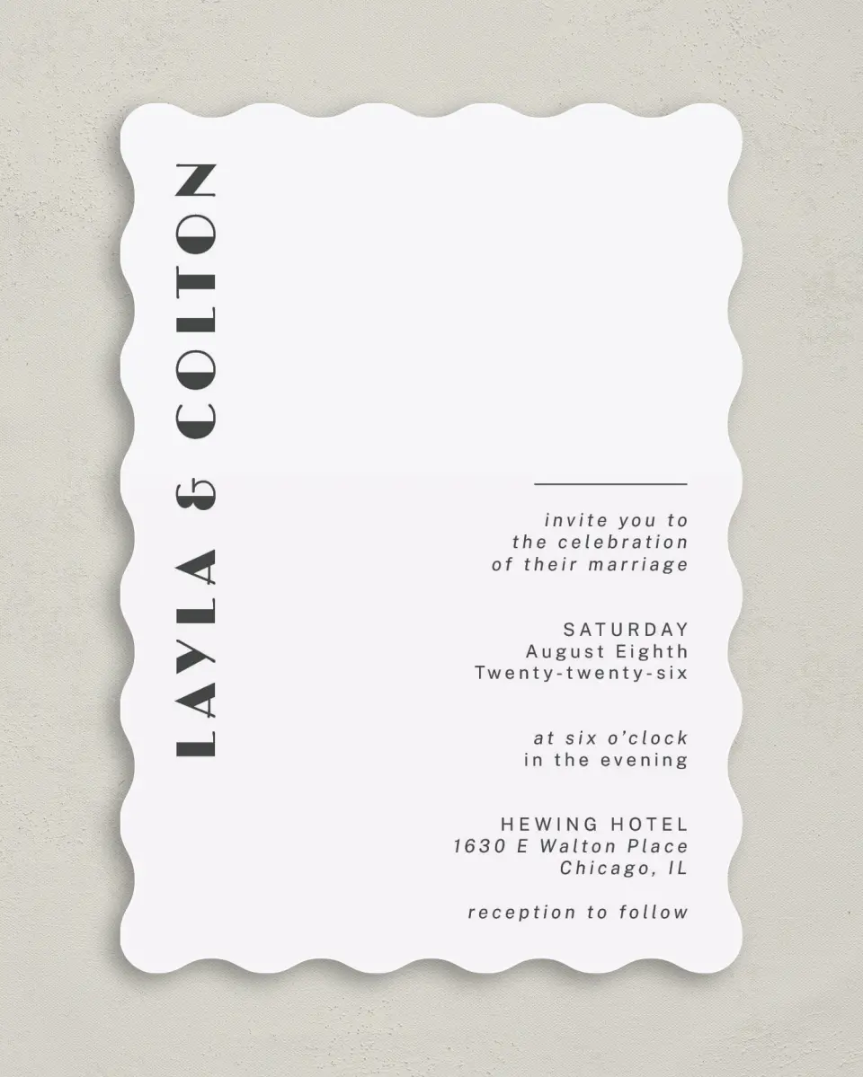 This is a 5" x 7" Wavy Wedding Invitation called Boldy Forward printed in full color on Premium Smooth paper