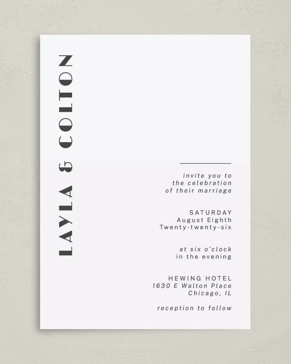This is a 5" x 7" Classic Wedding Invitation called Boldy Forward printed in full color with Gold foil on Luxe Satin (coated) paper