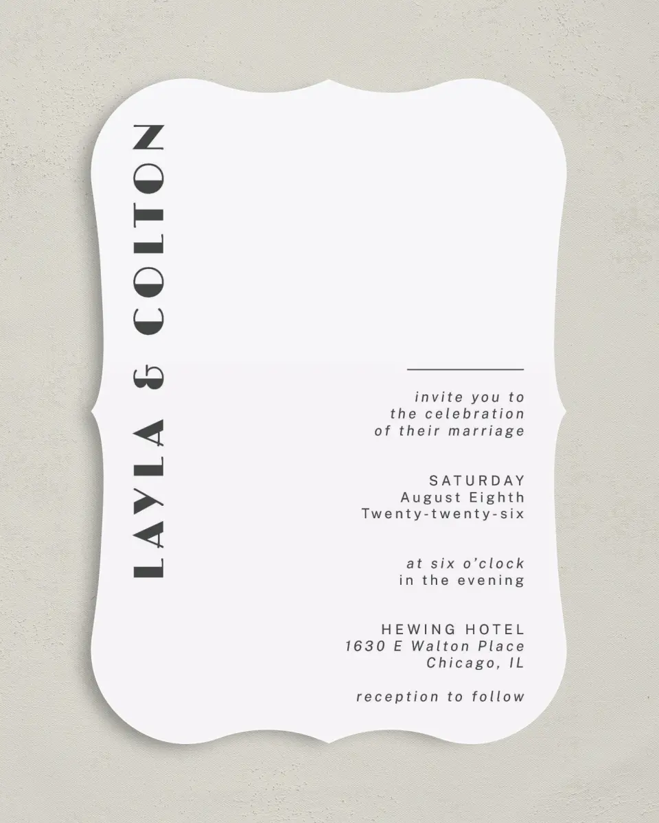 This is a 5" x 7" Bracket Wedding Invitation called Boldy Forward printed in full color on Premium Smooth paper