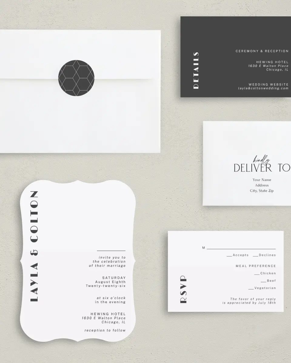 This is a 5" x 7" Bracket Wedding Invitation called Boldy Forward printed in full color with Silver foil on Luxe Satin (coated) paper
