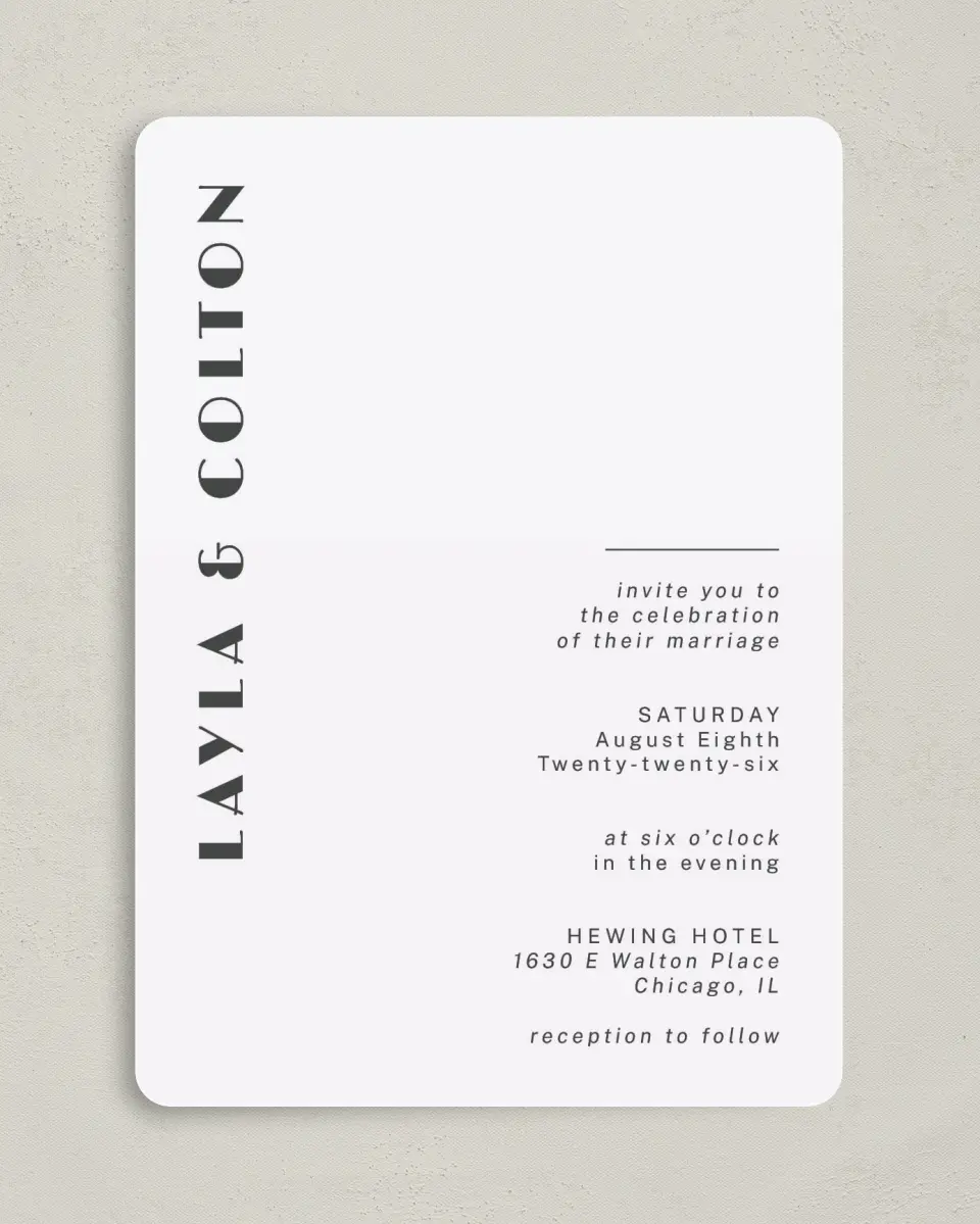 This is a 5" x 7" Rounded Wedding Invitation called Boldy Forward printed in full color on Premium Smooth paper