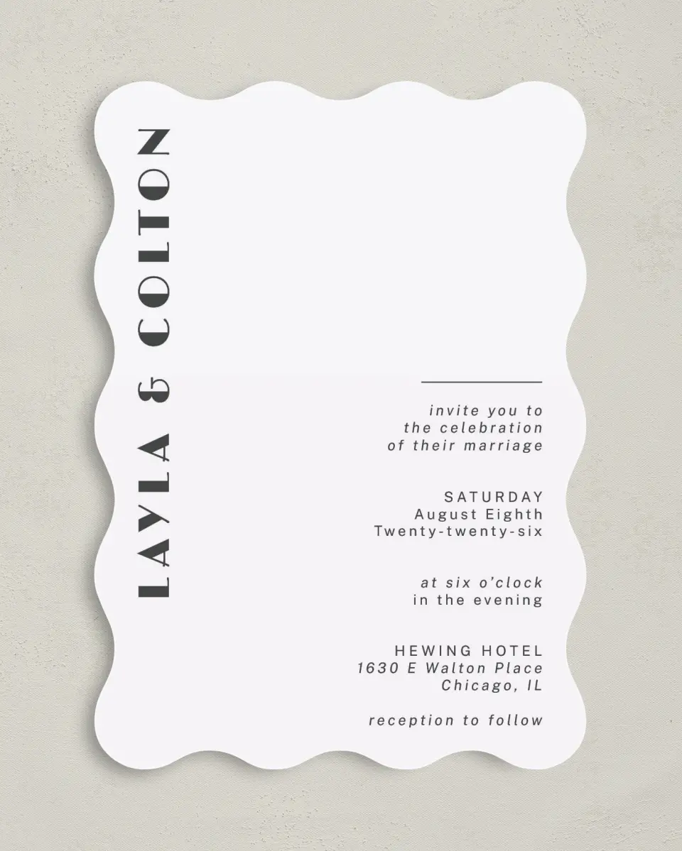 This is a 5" x 7" Wavy Wedding Invitation called Boldy Forward printed in full color on Premium Smooth paper