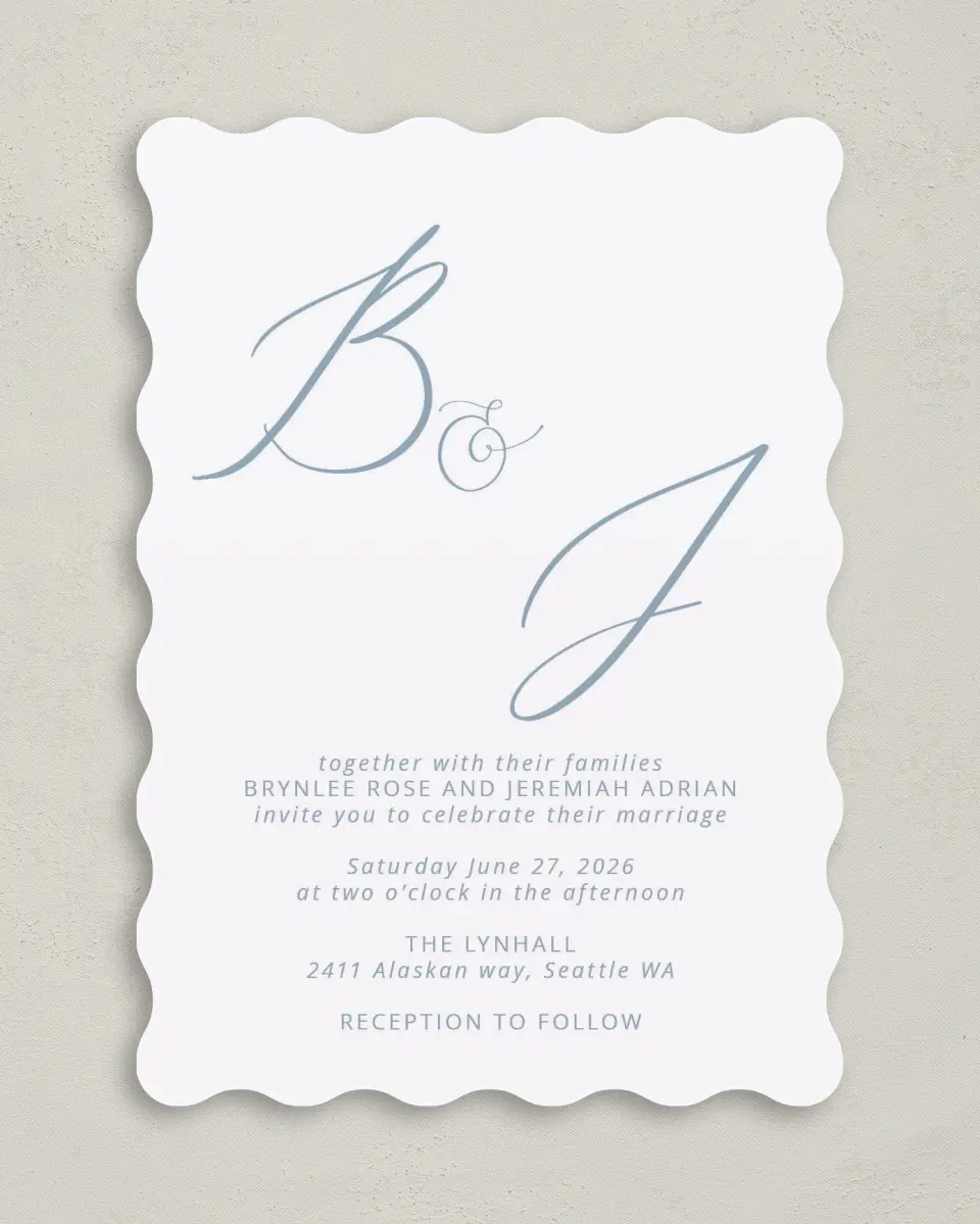 This is a 5" x 7" Wavy Wedding Invitation called Simple Embrace printed in full color on Premium Smooth paper