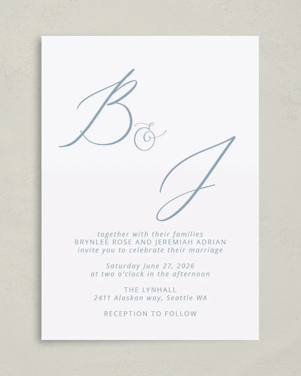 This is a 5" x 7" Classic Wedding Invitation called Simple Embrace printed in full color on Premium Smooth paper