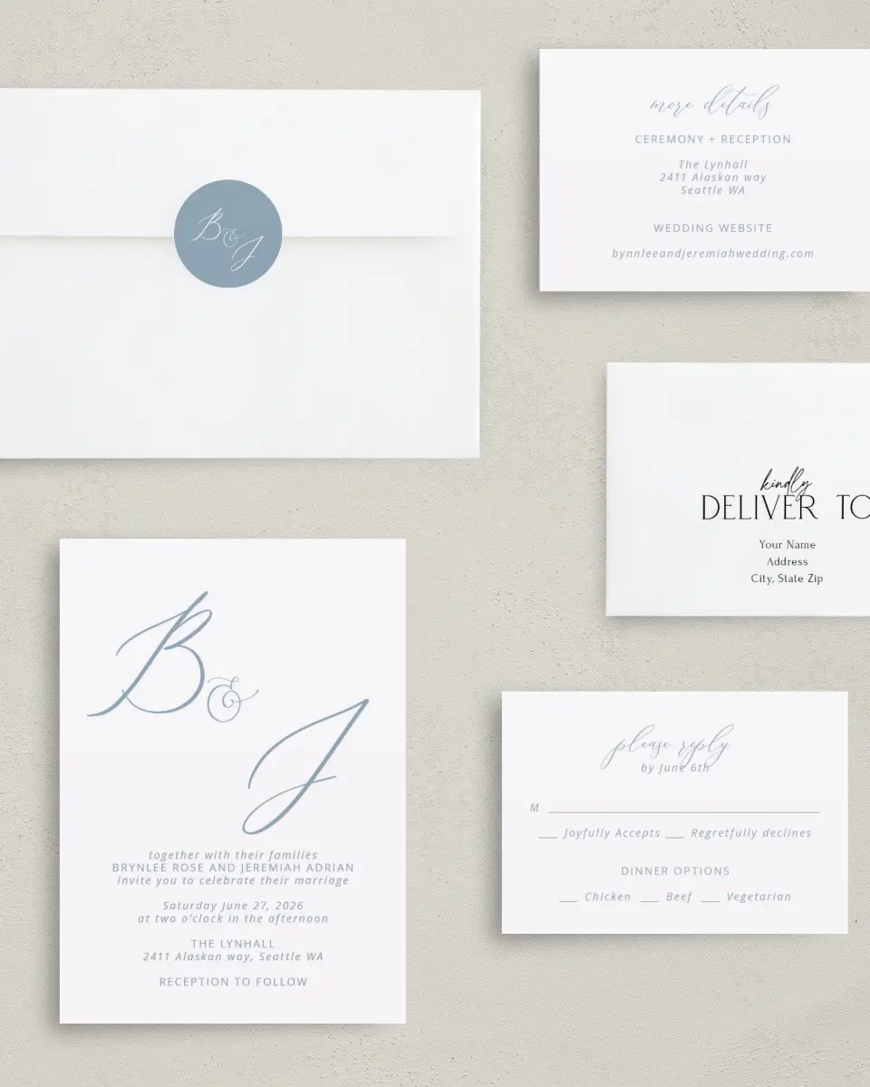 This is a 5" x 7" Classic Wedding Invitation called Simple Embrace printed in full color with Gold foil on Luxe Satin (coated) paper