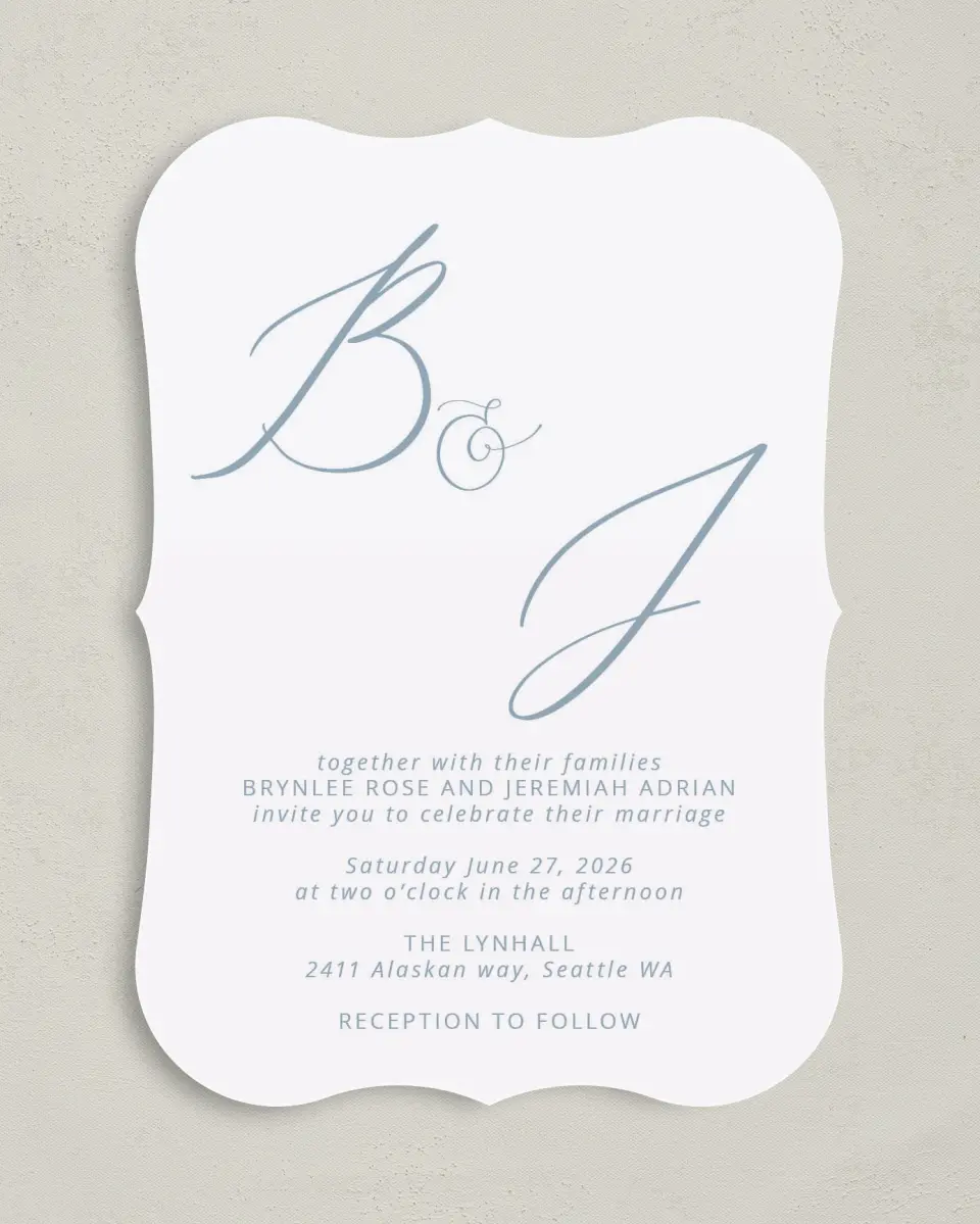This is a 5" x 7" Bracket Wedding Invitation called Simple Embrace printed in full color on Premium Smooth paper