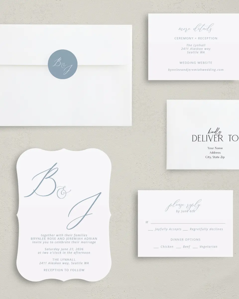 This is a 5" x 7" Bracket Wedding Invitation called Simple Embrace printed in full color with Silver foil on Luxe Satin (coated) paper