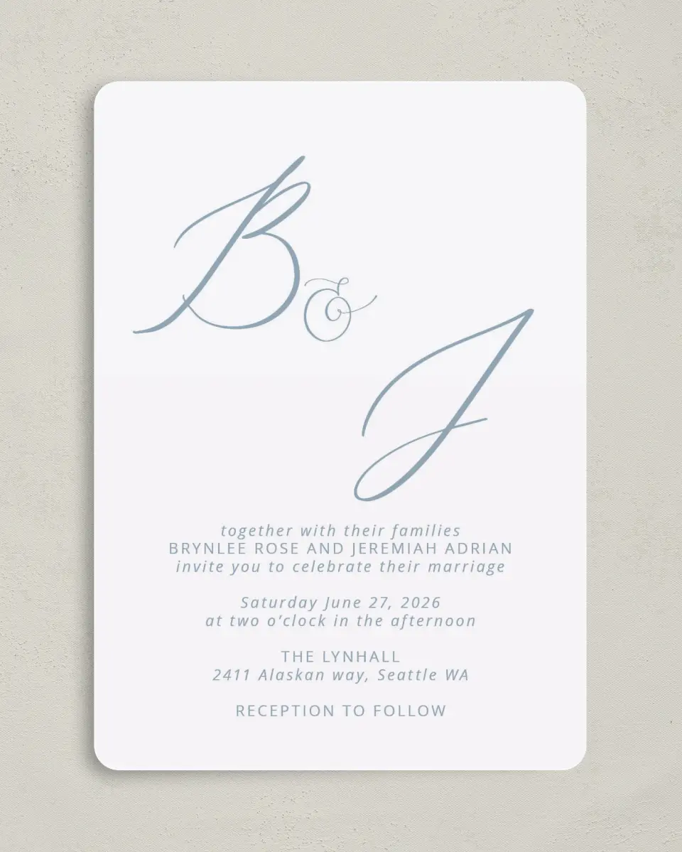 This is a 5" x 7" Rounded Wedding Invitation called Simple Embrace printed in full color on Premium Smooth paper
