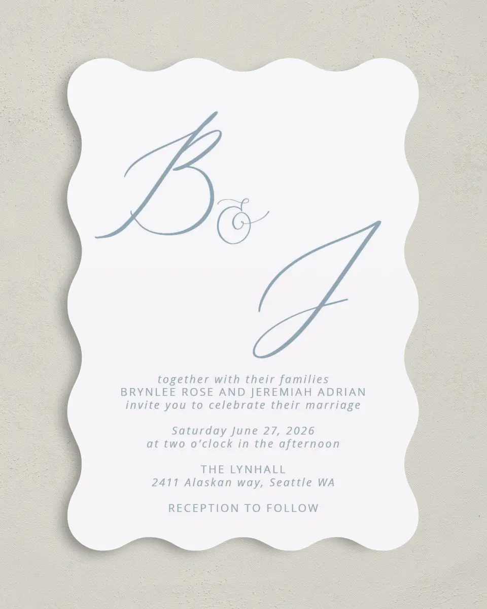 This is a 5" x 7" Wavy Wedding Invitation called Simple Embrace printed in full color on Premium Smooth paper