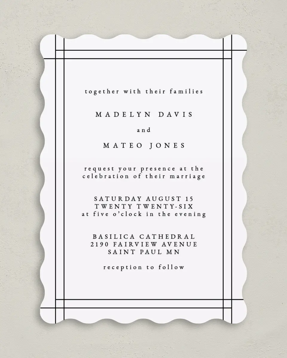 This is a 5" x 7" Wavy Wedding Invitation called Mod Frame printed in full color on Premium Smooth paper