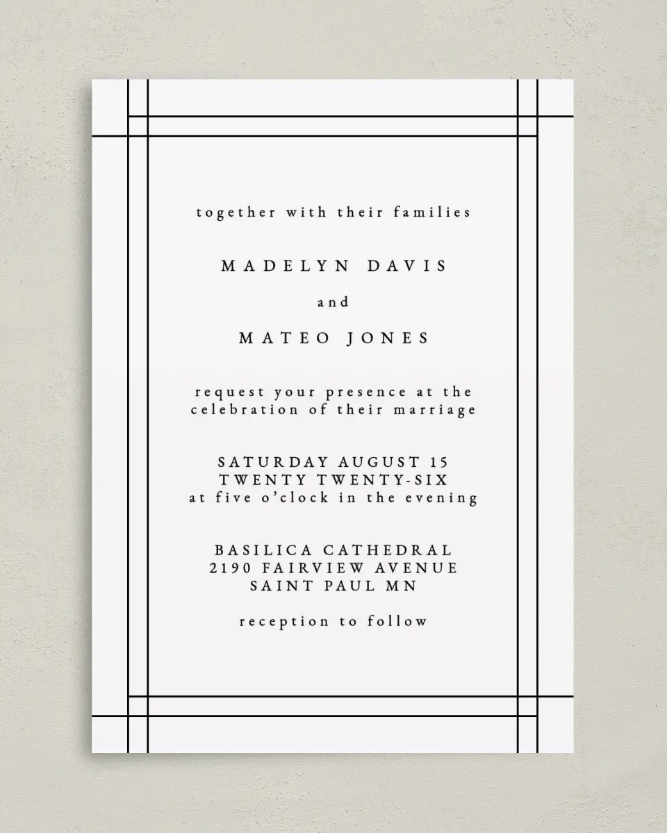 This is a 5" x 7" Classic Wedding Invitation called Mod Frame printed in full color on Premium Smooth paper