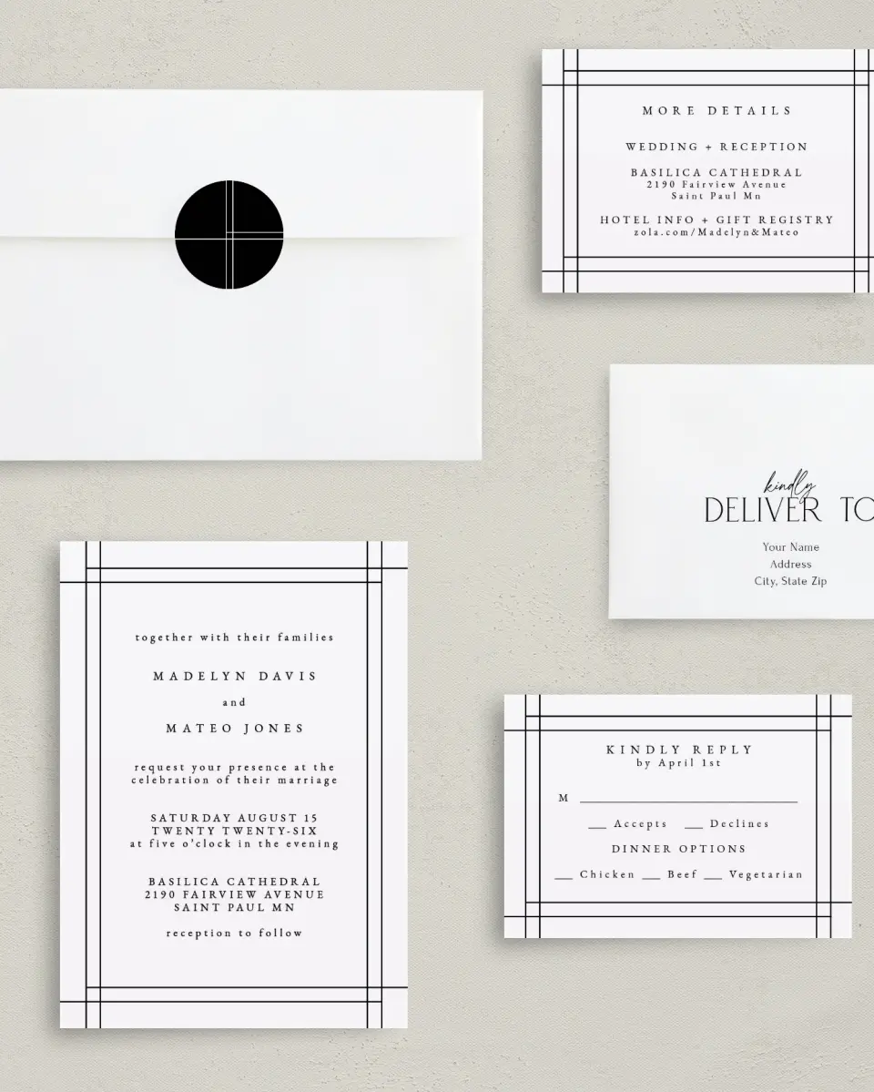 This is a 5" x 7" Classic Wedding Invitation called Mod Frame printed in full color on Premium Smooth paper