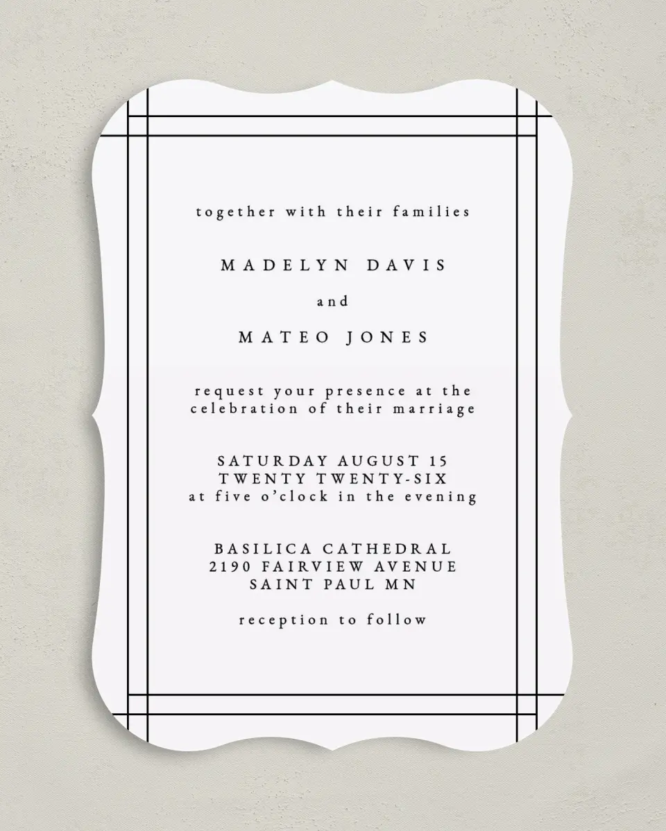 This is a 5" x 7" Bracket Wedding Invitation called Mod Frame printed in full color on Premium Smooth paper