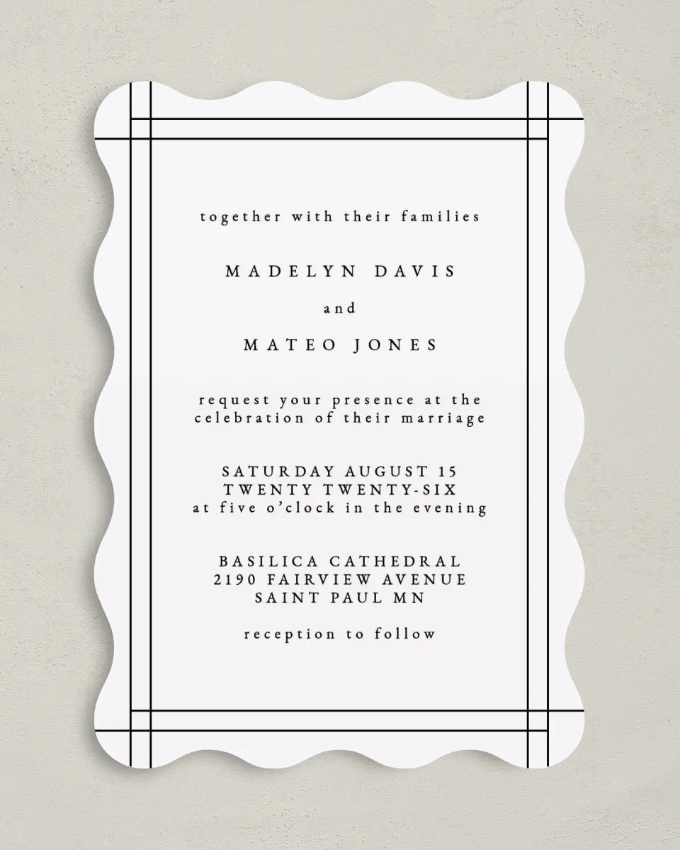 This is a 5" x 7" Wavy Wedding Invitation called Mod Frame printed in full color on Premium Smooth paper