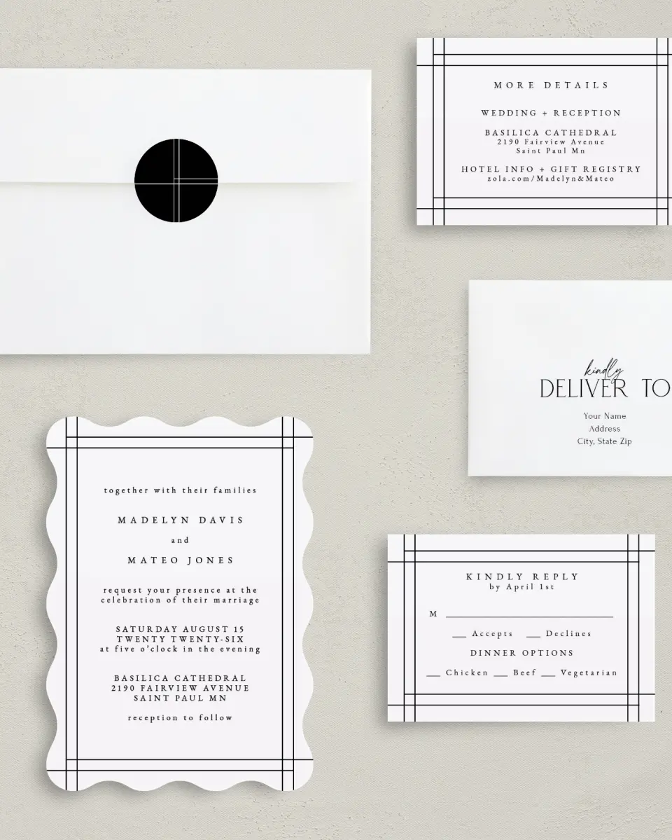 This is a 5" x 7" Wavy Wedding Invitation called Mod Frame printed in full color on Premium Smooth paper
