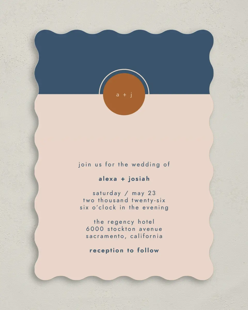 This is a 5" x 7" Wavy Wedding Invitation called Our Beginning printed in full color on Premium Smooth paper