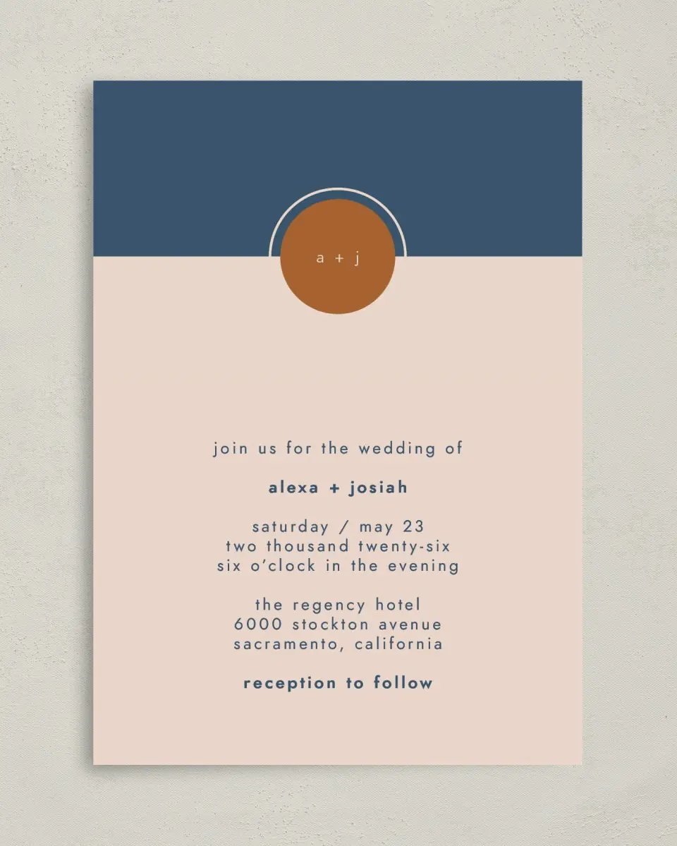 This is a 5" x 7" Classic Wedding Invitation called Our Beginning printed in full color with Gold foil on Luxe Satin (coated) paper