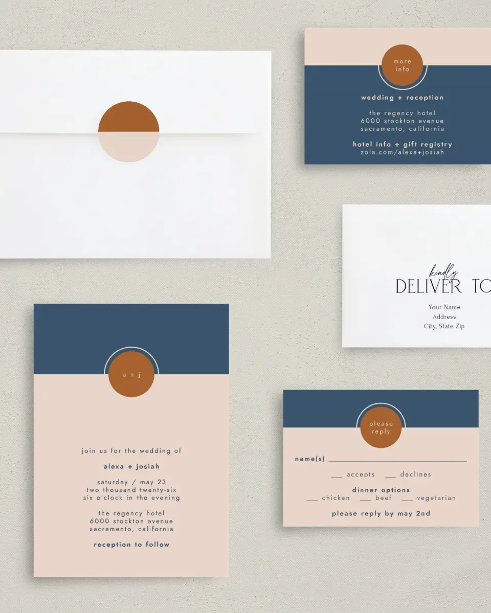 This is a 5" x 7" Classic Wedding Invitation called Our Beginning printed in full color with Gold foil on Luxe Satin (coated) paper